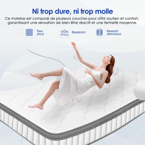 Matelas 90x190 Épaisseur 25cm, Ressorts Ensachés 7 Zones Accueil Mémoire De Forme Avec Drap-housse
