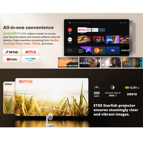 Projecteur Etoe Starfish Avec Android TV 11.0 Intégré Et Rotation À 140°