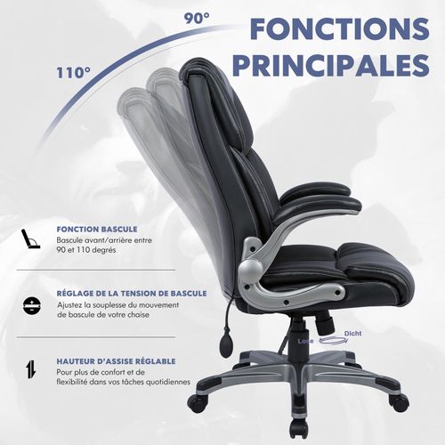 Chaise De Bureau Ergonomique En Simili, Accoudoirs Et Hauteur Réglables-noir