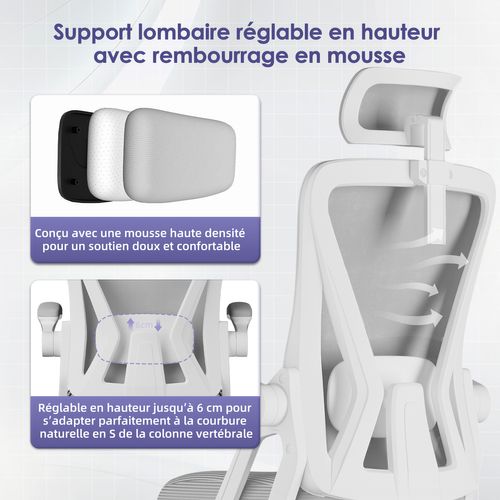 Chaise Bureau Gris, Accoudoirs Rabattables, Support Lombaire Mousse, Hauteur Réglable, 150 kg