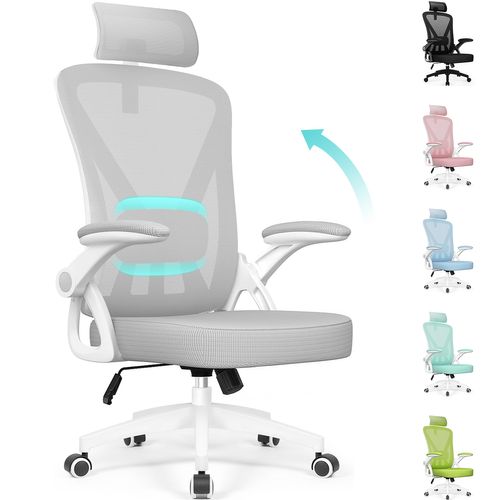 Chaise Bureau Gris, Accoudoirs Rabattables, Support Lombaire Mousse, Hauteur Réglable, 150 kg