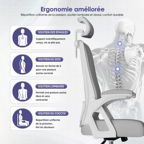 Chaise Bureau Gris, Accoudoirs Rabattables, Support Lombaire Mousse, Hauteur Réglable, 150 kg