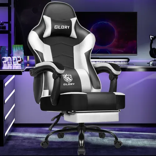 Fauteuil Gaming,chaise Gamer Avec Coussin Lombaire Et Repose-pieds,charge 150kg,noir-blanc
