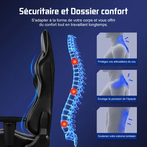 Chaise Gaming, Fauteuil Gaming Inclinable 90° à 165° ,accoudoirs Réglables, Charge 150kg, noir-gris