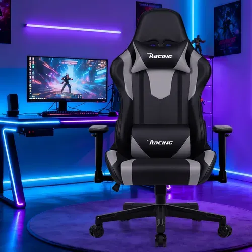 Chaise Gaming, Fauteuil Gaming Inclinable 90° à 165° ,accoudoirs Réglables, Charge 150kg, noir-gris