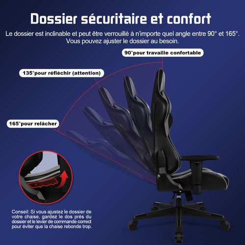 Chaise Gaming, Fauteuil Gaming Inclinable 90° à 165° ,accoudoirs Réglables, Charge 150kg, noir-gris