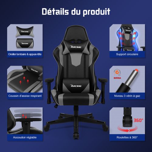 Chaise Gaming, Fauteuil Gaming Inclinable 90° à 165° ,accoudoirs Réglables, Charge 150kg, noir-gris