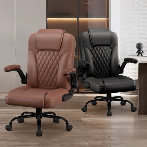 Fauteuil De Bureau En Pu, Inclinable 90°à 120°, Accoudoirs Pliable, Marron