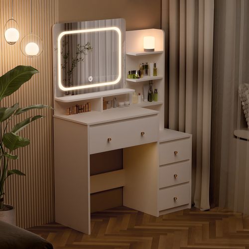 Coiffeuse,avec Miroir LED Réglable Et Tiroirs De Rangement, Pour Chambre Et Maquillage