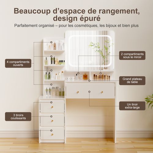 Coiffeuse,avec Miroir LED Réglable Et Tiroirs De Rangement, Pour Chambre Et Maquillage