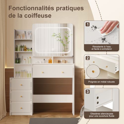 Coiffeuse,avec Miroir LED Réglable Et Tiroirs De Rangement, Pour Chambre Et Maquillage