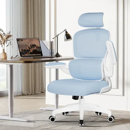 Fauteuil De Bureau, Accoudoirs Pliable, Inclinable, Soutien Lombaire Ergonomique,bleu
