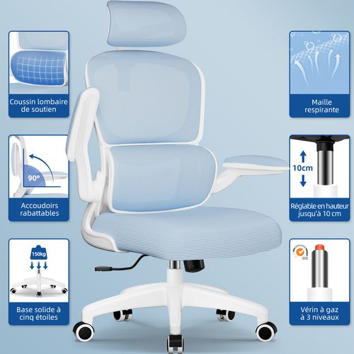 Fauteuil De Bureau, Accoudoirs Pliable, Inclinable, Soutien Lombaire Ergonomique,bleu