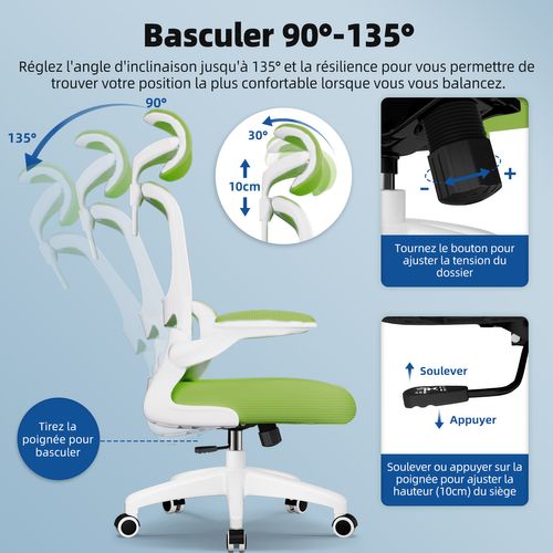Fauteuil De Bureau, Accoudoirs Pliable, Inclinable, Soutien Lombaire Ergonomique,turquoise
