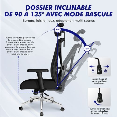 Chaise de bureau,fauteuil de bureau avec pied en métal, support lombaire réglable 5D, charge 200 kg