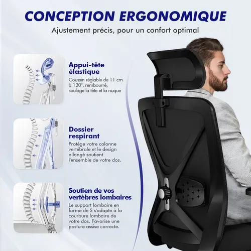 Chaise de bureau,fauteuil de bureau avec pied en métal, support lombaire réglable 5D, charge 200 kg
