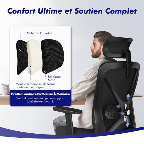 Chaise de bureau,fauteuil de bureau avec pied en métal, support lombaire réglable 5D, charge 200 kg