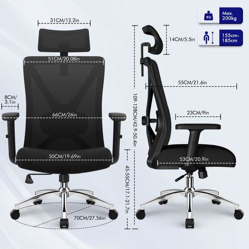Chaise de bureau,fauteuil de bureau avec pied en métal, support lombaire réglable 5D, charge 200 kg