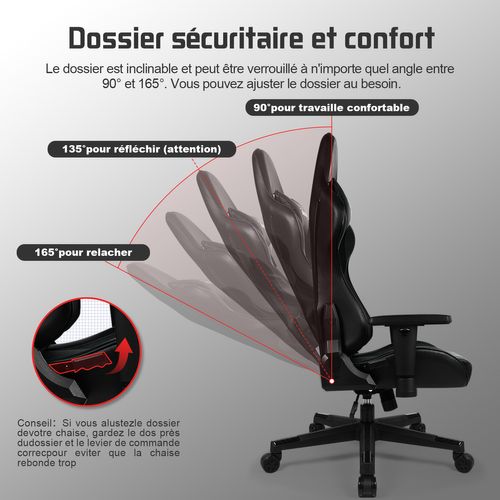 Chaise Gaming , Fauteuil Gamer, Inclinable 90°à 165°, Charge 150 Kg，Noir