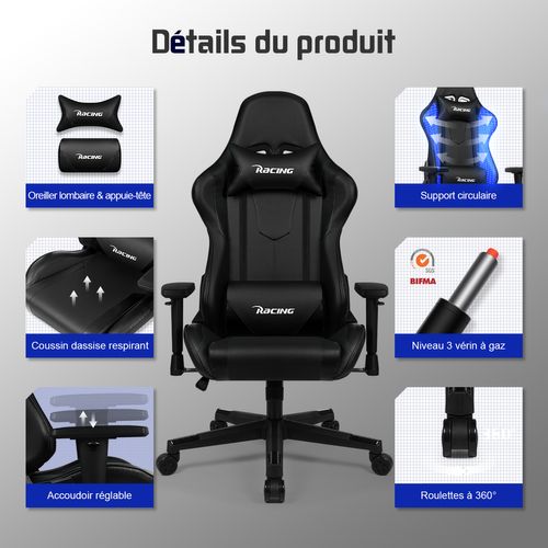 Chaise Gaming , Fauteuil Gamer, Inclinable 90°à 165°, Charge 150 Kg，Noir