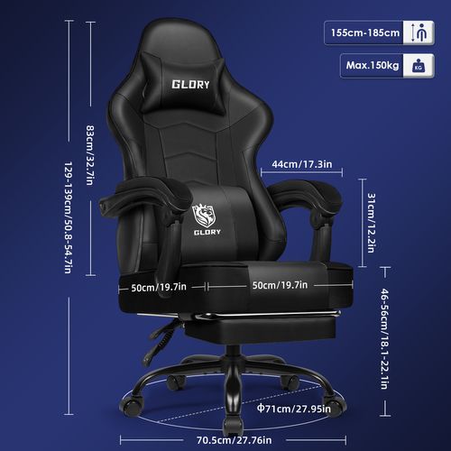 Chaise Gaming, fauteuil Gamer Inclinable De 90° à 170°, Avec Repose-pieds,Charge 150kg,Noir