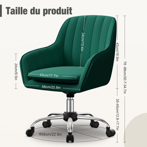 Fauteuil De Bureau, Hauteur Réglable, Rotation à 360°, Charge 150kg,vert