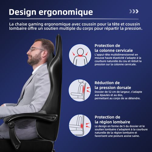 Chaise Gaming,fauteuil Gamer Avec Coussin Lombaire Et Repose-pieds,charge 150kg,noir-gris