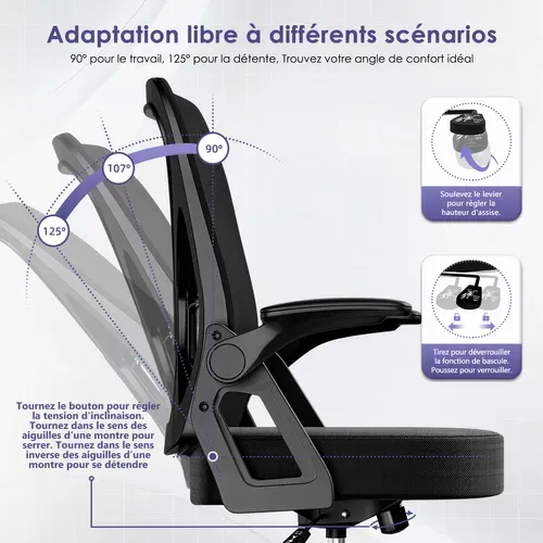 Fauteuil De Bureau Ergonomique, 150 kg, noir