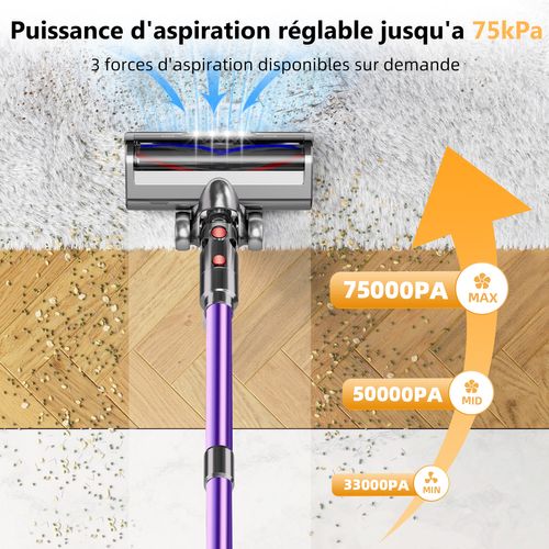 Aspirateur balai sans fil 75KPa – 70 min d’autonomie, 6 en 1, écran tactile, 3 modes réglables