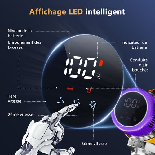 Aspirateur balai sans fil 75KPa – 70 min d’autonomie, 6 en 1, écran tactile, 3 modes réglables