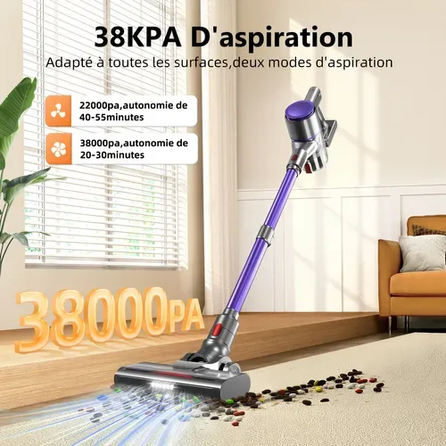 Aspirateur Balai Sans Fil 38 Kpa, 55 Min D'autonomie, 2 Vitesses, Charge Murale, Anti-emmêlement