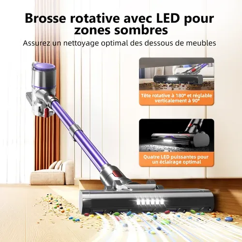 Aspirateur Balai Sans Fil 38 Kpa, 55 Min D'autonomie, 2 Vitesses, Charge Murale, Anti-emmêlement