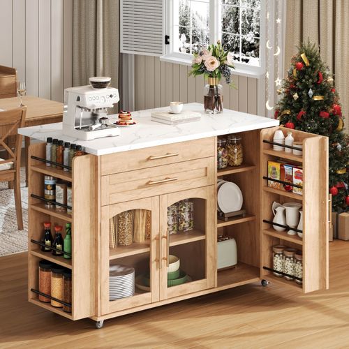 Îlot De Cuisine Mobile Avec Plan De Travail Pliable, Chariot De Cuisine, Multiples Rangements