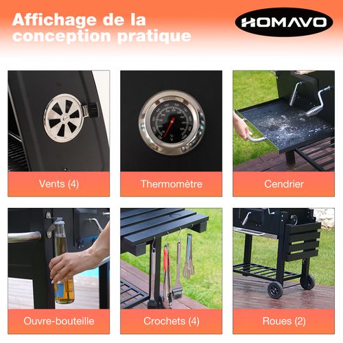 Barbecue Charbon de Bois,  Bac à Charbon Réglable en Hauteur, Table Latérale Pliante