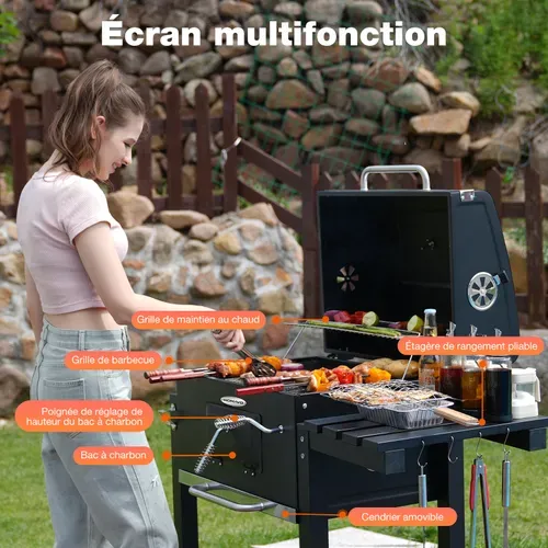 Barbecue Charbon de Bois,  Bac à Charbon Réglable en Hauteur, Table Latérale Pliante