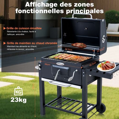 Barbecue Charbon de Bois,  Bac à Charbon Réglable en Hauteur, Table Latérale Pliante