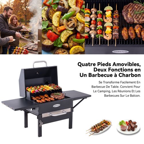Barbecue Charbon de Bois, Grille Émaillée, Avec Tablette Latérale, Incluant Kit de Montage