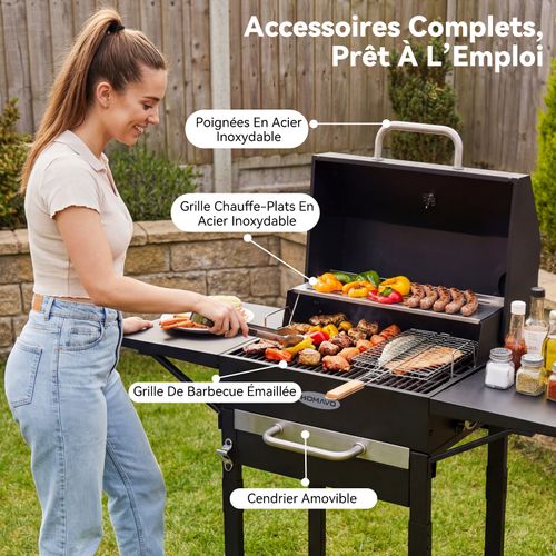 Barbecue Charbon de Bois, Grille Émaillée, Avec Tablette Latérale, Incluant Kit de Montage