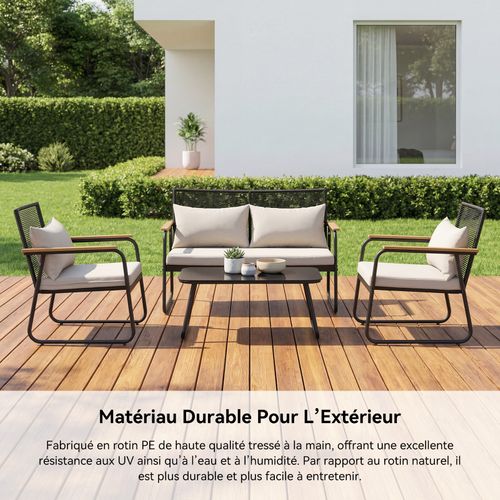 Salon de Jardin Extérieur,Canapé En Rotin 4 Places Avec Table Basse