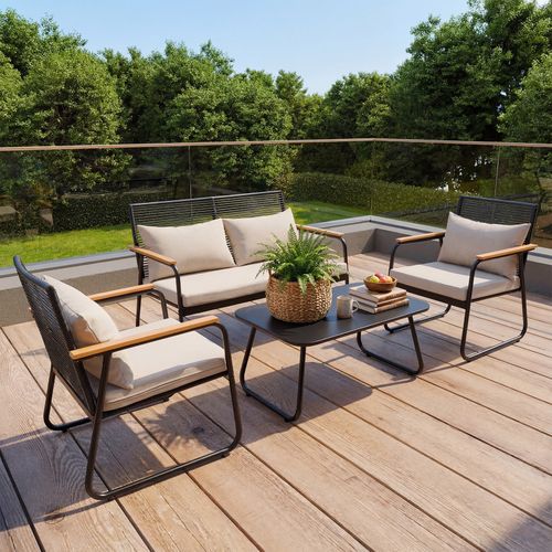 Salon de Jardin Extérieur,Canapé En Rotin 4 Places Avec Table Basse