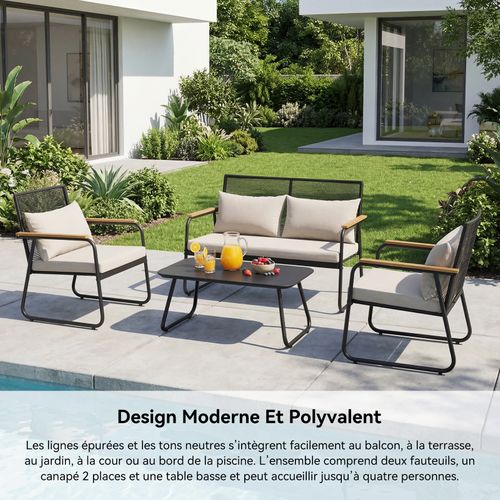 Salon de Jardin Extérieur,Canapé En Rotin 4 Places Avec Table Basse