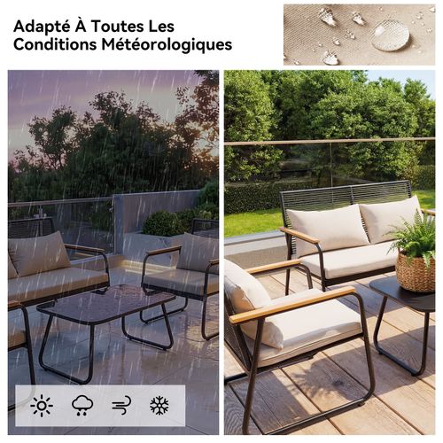 Salon de Jardin Extérieur,Canapé En Rotin 4 Places Avec Table Basse
