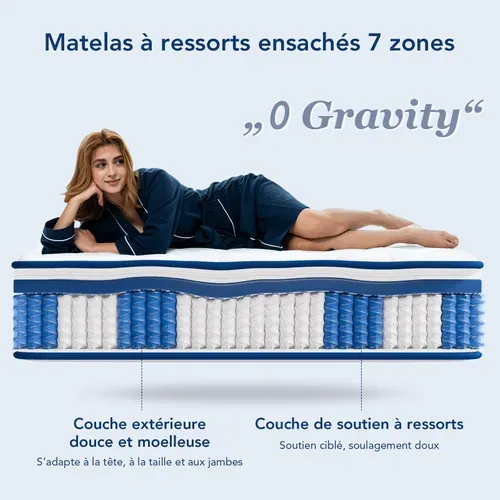 Matelas Ressorts Ensachés,180x200 Cm,22 Cm,7 Zones,dureté Moyenne H3