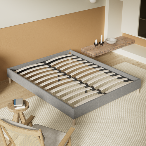 Sommier 140x190 cm, Tissu Gris, Pieds en bois