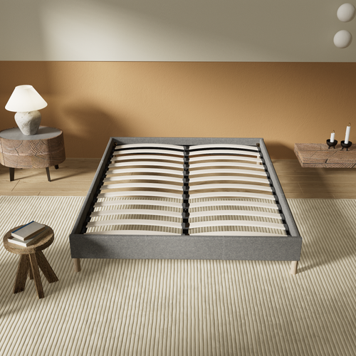 Sommier 180x200 Cm, Tissu Gris, Pieds En Bois
