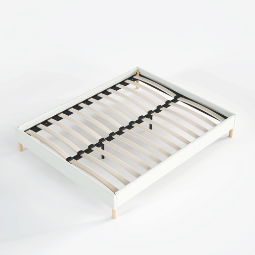 Sommier 140x190 cm, Tissu Blanc Crème, Pieds en bois