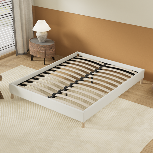 Sommier 160x200 cm, Tissu Blanc Crème, Pieds en bois