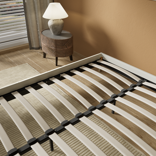 Sommier 160x200 cm, Tissu Blanc Crème, Pieds en bois