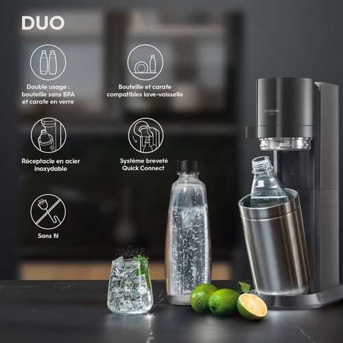Machine duo noire SODASTREAM Pack 2 carafes + 2 bouteilles