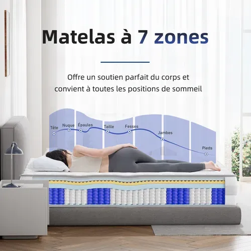 Matelas à Ressorts 90x190cm, 7 Zones, Epaisseur 25 Cm, Dureté Moyenne H3